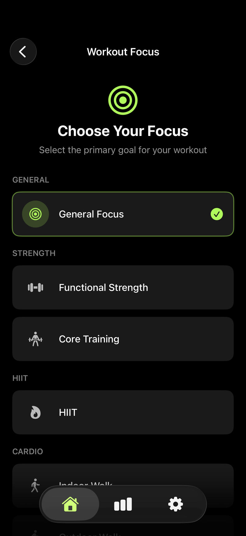 Select workout type, auto-categorized